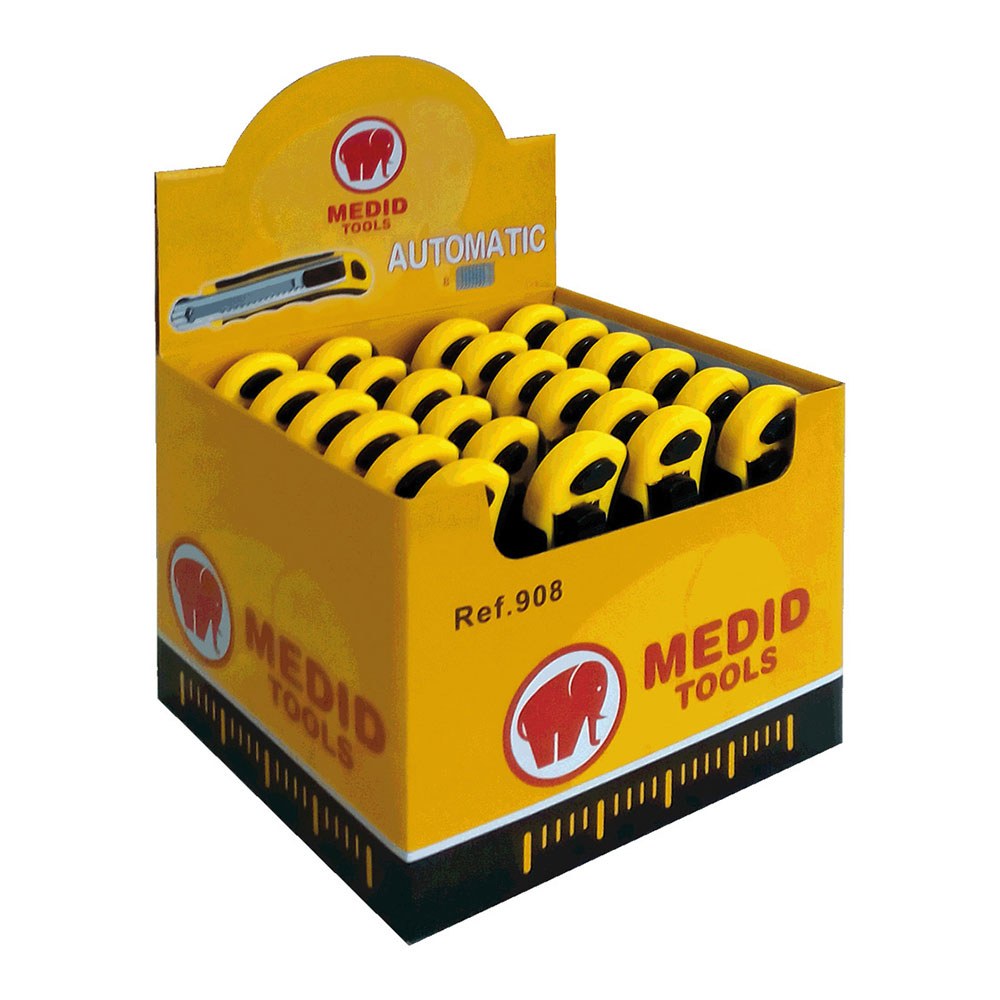 CUTTER CON CAMBIO DE CUCHILLA AUTOMÁTICO 18 mm + 8 CUCHILLAS DE RECAMBIO, EXPOSITOR 24 uds