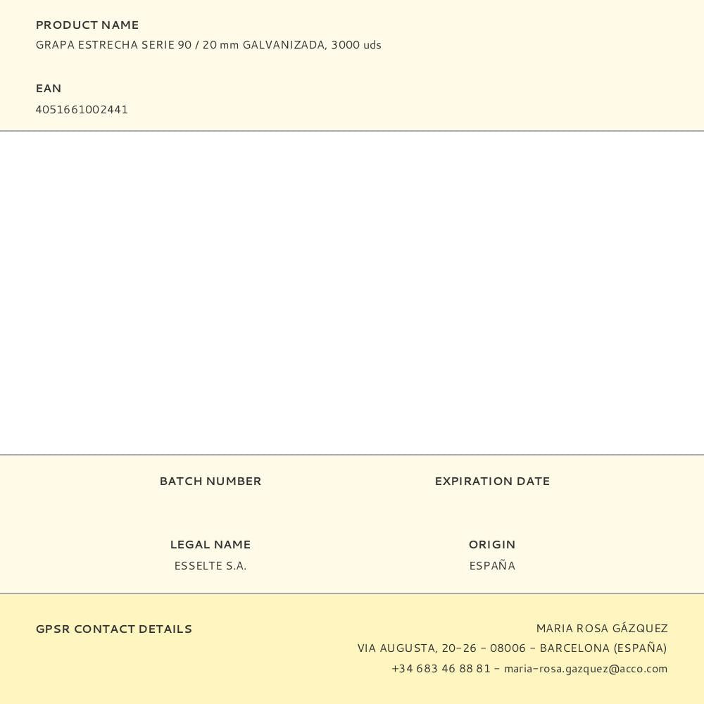 GRAPAS ESTRECHAS SERIE 90 / 20 mm GALVANIZADA, 3000 uds