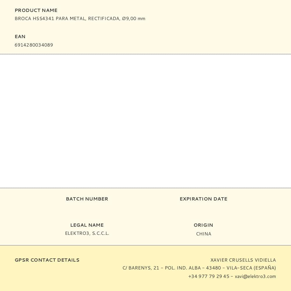 BROCA PARA METAL HSS4341, RECTIFICADA, Ø9,00 x 125,00 mm