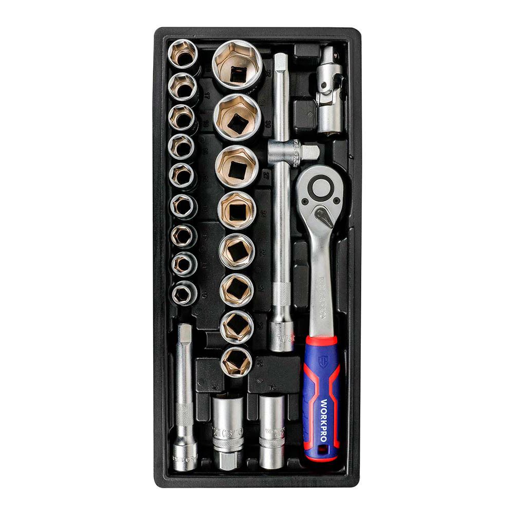 LLAVE DE CARRACA Y VASOS  ½ pulg, JUEGO 24 PIEZAS, MÉTRICO