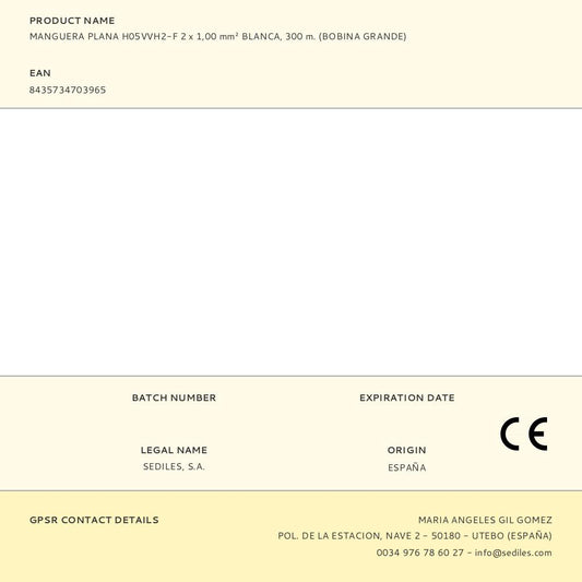 MANGUERA PLANA H05VVH2-F 2 x 1,00 mm² BLANCA, 300 m. (BOBINA GRANDE)
