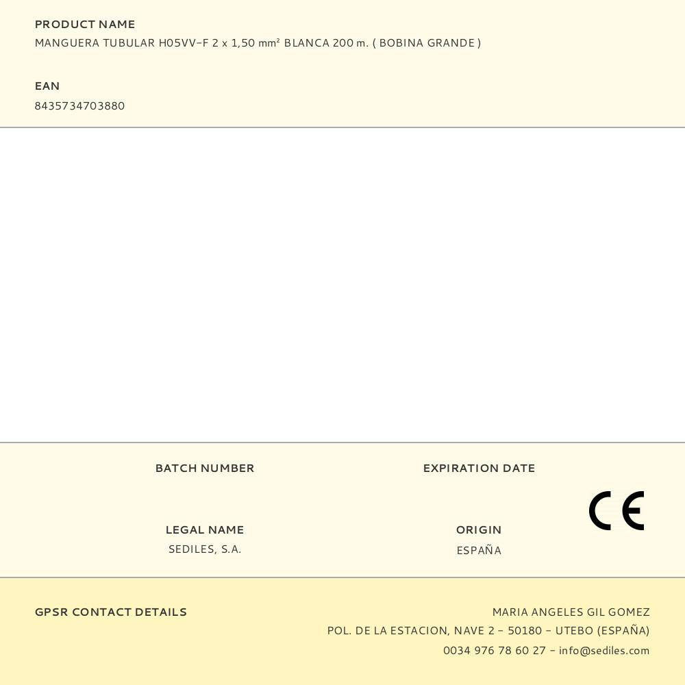 MANGUERA TUBULAR H05VV-F 2 x 1,50 mm² BLANCA 200 m. ( BOBINA GRANDE )