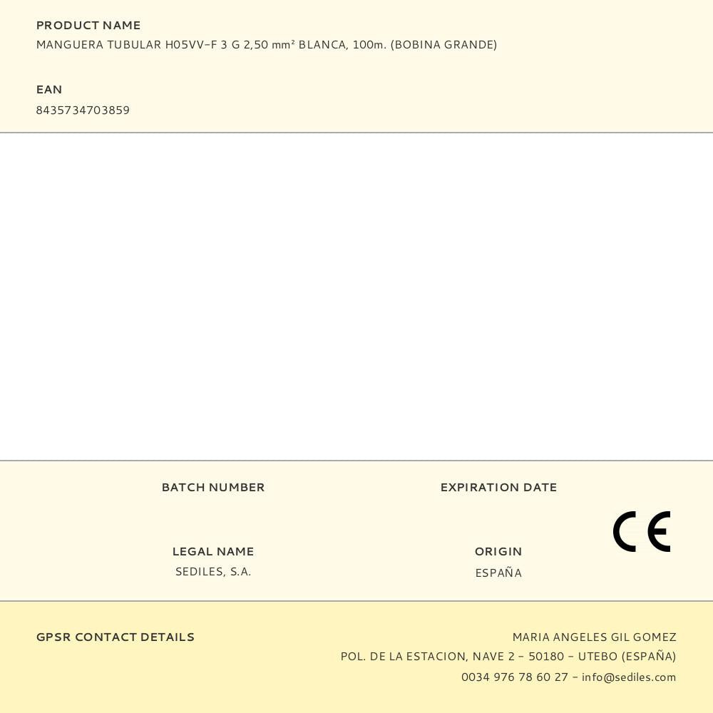 MANGUERA TUBULAR H05VV-F 3 G 2,50 mm² BLANCA, 100m. (BOBINA GRANDE)