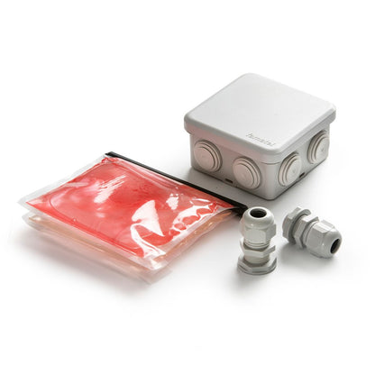 CAJA ESTANCA CUADRADA IP55 80 x 80 x 36 mm + GEL AISLANTE IP68 + 2 PRENSAESTOPAS, BLÍSTER