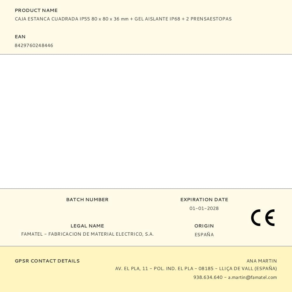 CAJA ESTANCA CUADRADA IP55 80 x 80 x 36 mm + GEL AISLANTE IP68 + 2 PRENSAESTOPAS, BLÍSTER