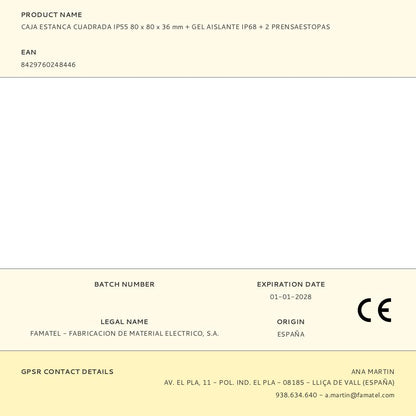 CAJA ESTANCA CUADRADA IP55 80 x 80 x 36 mm + GEL AISLANTE IP68 + 2 PRENSAESTOPAS, BLÍSTER