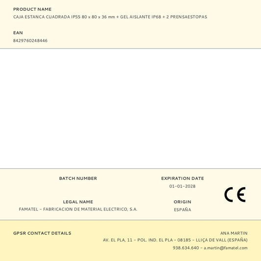CAJA ESTANCA CUADRADA IP55 80 x 80 x 36 mm + GEL AISLANTE IP68 + 2 PRENSAESTOPAS, BLÍSTER