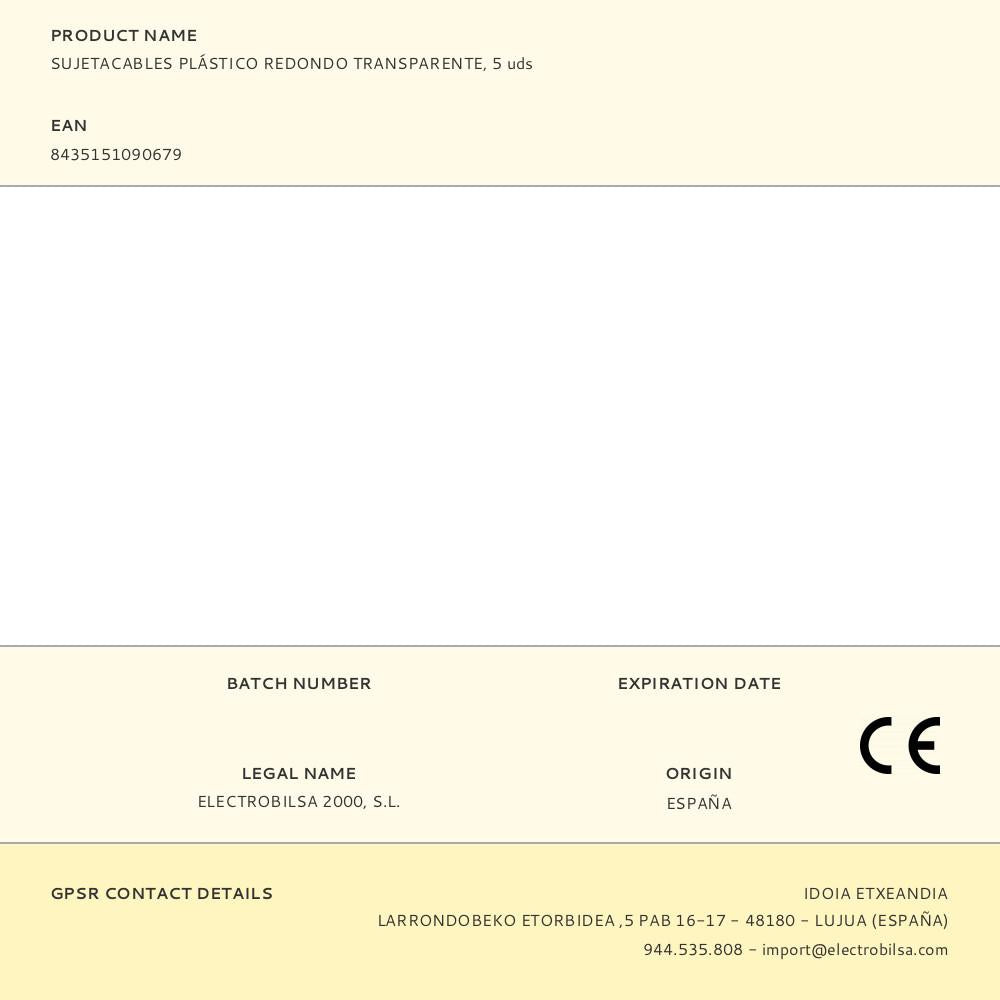 SUJETACABLES DE PLÁSTICO, REDONDO, TRANSPARENTE, 5 uds
