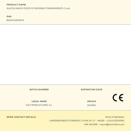 SUJETACABLES DE PLÁSTICO, REDONDO, TRANSPARENTE, 5 uds
