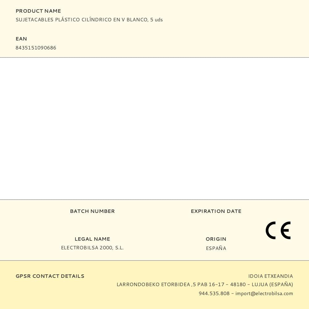 SUJETACABLES DE PLÁSTICO, CILÍNDRICO EN V, BLANCO, 5 uds