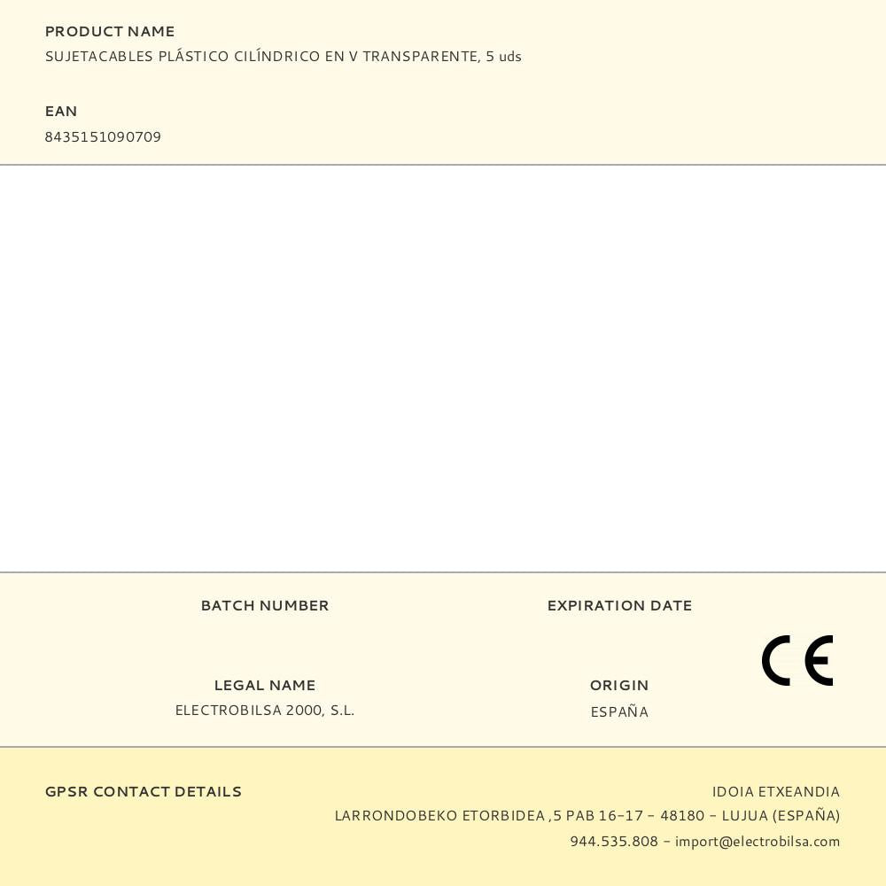 SUJETACABLES DE PLÁSTICO, CILÍNDRICO EN V, TRANSPARENTE, 5 uds