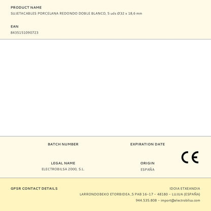 SUJETACABLES PORCELANA REDONDO DOBLE BLANCO, 5 uds Ø32 x 18,6 mm