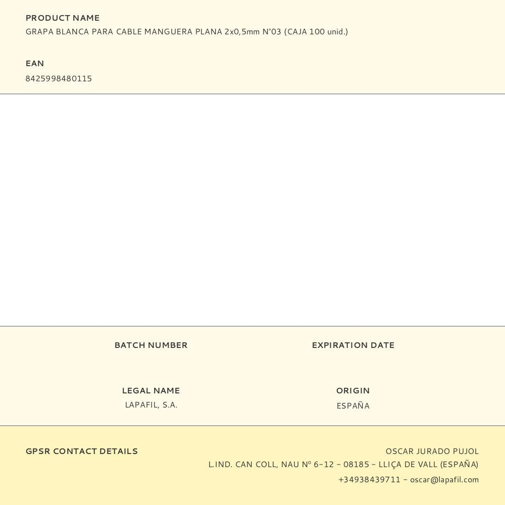 GRAPA PARA CABLE MANGUERA PLANA 2 x 0,5 mm N°03, BLANCA, CAJA 100 uds