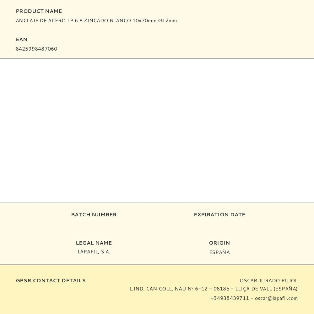 ANCLAJE DE ACERO LP 6.8 ZINCADO BLANCO 10 x 70 mm, Ø12 mm
