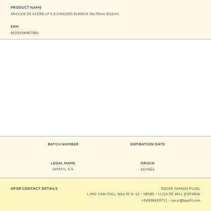 ANCLAJE DE ACERO LP 6.8 ZINCADO BLANCO 10 x 70 mm, Ø12 mm