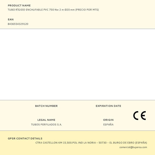 TUBO RÍGIDO ENCHUFABLE PVC 750 Nw 2 m Ø20 mm (PRECIO POR MTS)