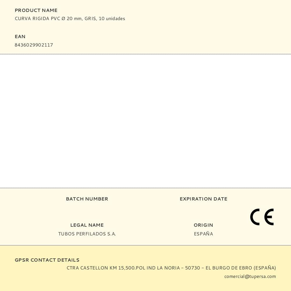 CURVA RIGIDA PVC Ø 20 mm, GRIS, 10 unidades
