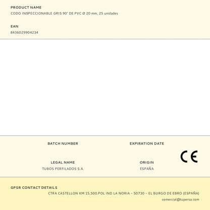 CODO INSPECCIONABLE GRIS 90° DE PVC Ø 20 mm, 25 unidades