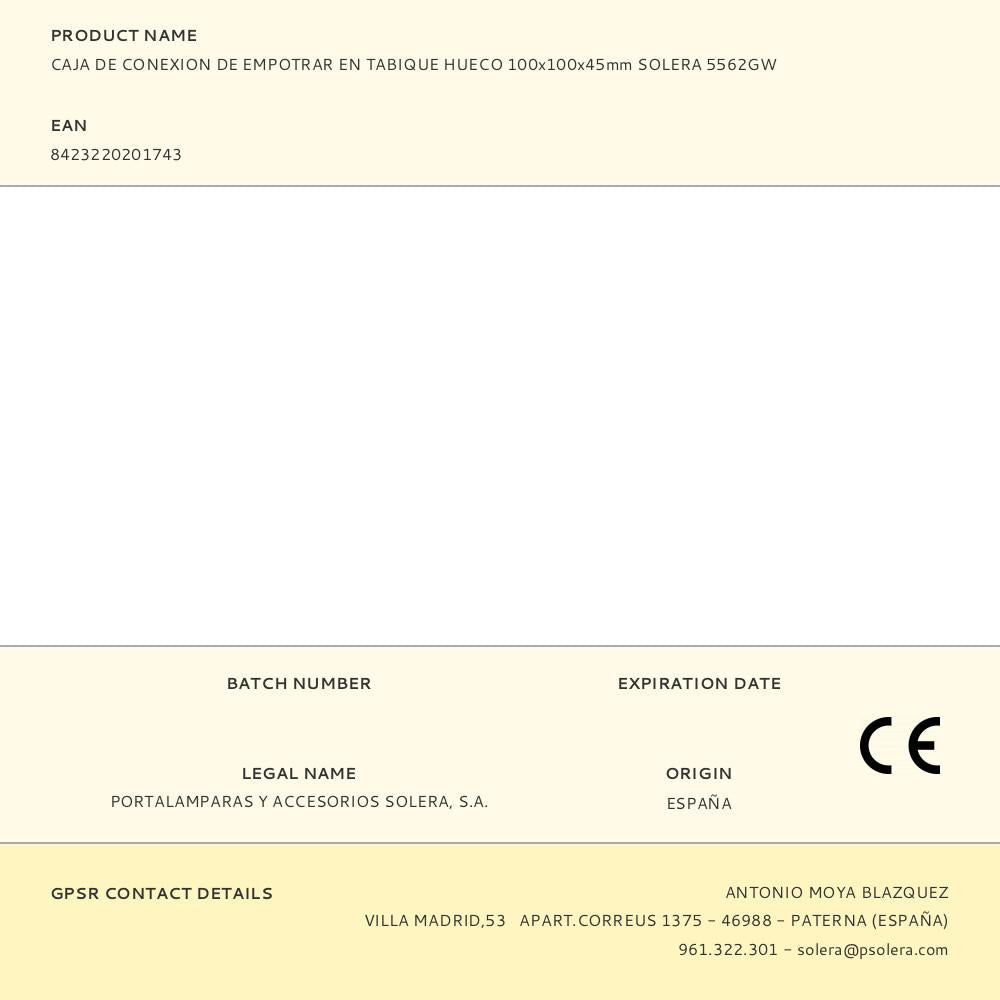 CAJA DE CONEXION DE EMPOTRAR EN TABIQUE HUECO 100x100x45mm SOLERA 5562GW