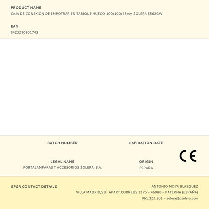 CAJA DE CONEXION DE EMPOTRAR EN TABIQUE HUECO 100x100x45mm SOLERA 5562GW