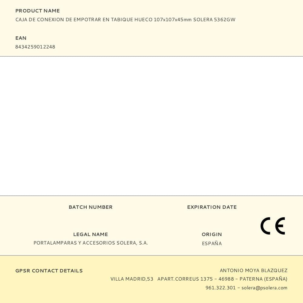 CAJA DE CONEXION DE EMPOTRAR EN TABIQUE HUECO 107x107x45mm SOLERA 5362GW