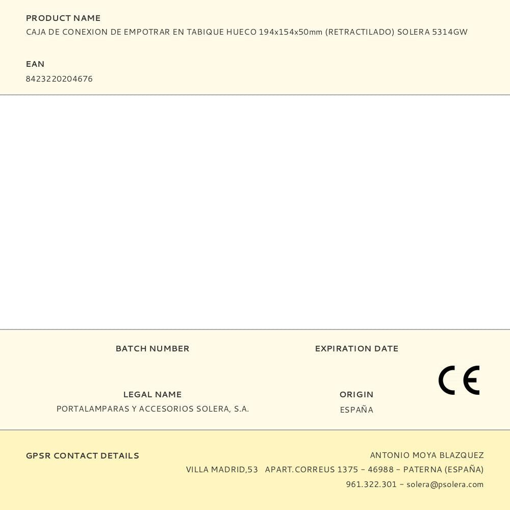 CAJA DE CONEXION DE EMPOTRAR EN TABIQUE HUECO 194x154x50mm (RETRACTILADO) SOLERA 5314GW