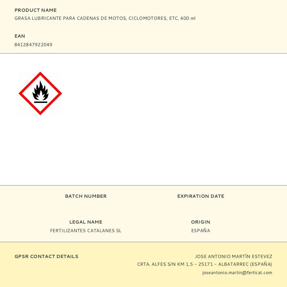 GRASA LUBRICANTE PARA CADENAS DE MOTOS, CICLOMOTORES, ETC. 400 ml