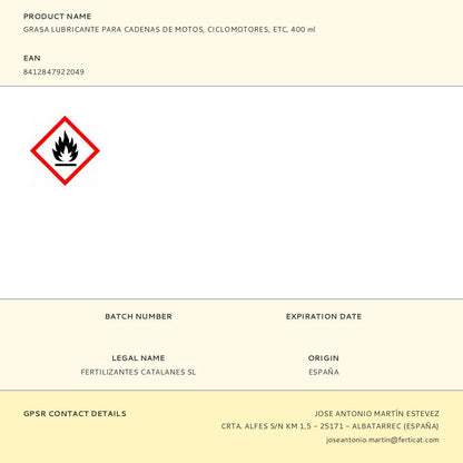 GRASA LUBRICANTE PARA CADENAS DE MOTOS, CICLOMOTORES, ETC. 400 ml
