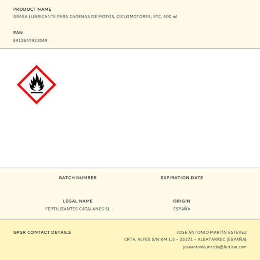 GRASA LUBRICANTE PARA CADENAS DE MOTOS, CICLOMOTORES, ETC. 400 ml