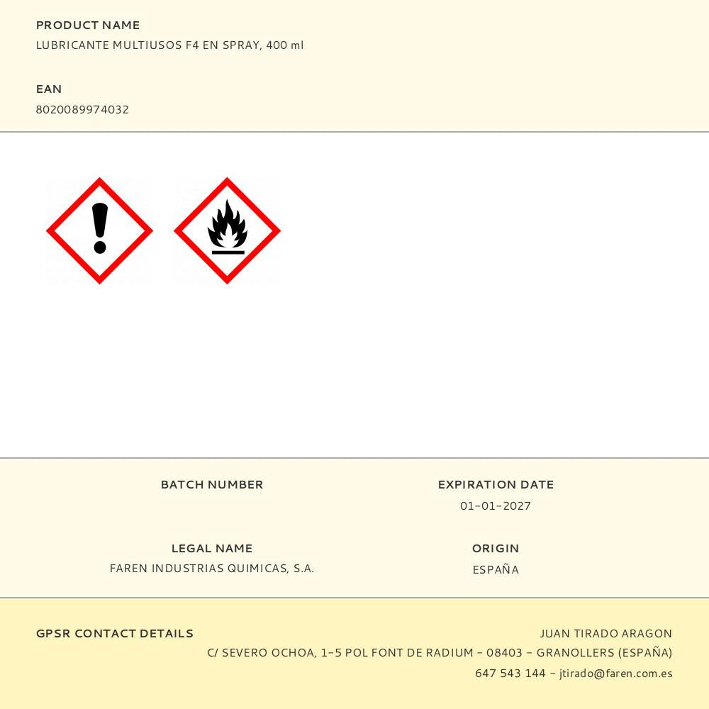 LUBRICANTE MULTIUSOS F4 EN SPRAY, 400 ml