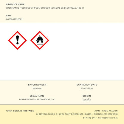 LUBRICANTE MULTIUSOS F4 CON DIFUSOR ESPECIAL DE SEGURIDAD, 400 ml