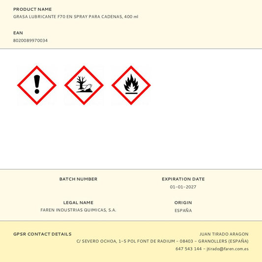 GRASA LUBRICANTE F70 EN SPRAY PARA CADENAS, 400 ml
