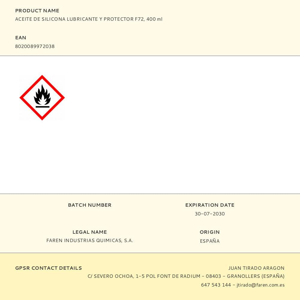 ACEITE DE SILICONA LUBRICANTE Y PROTECTOR F72, 400 ml