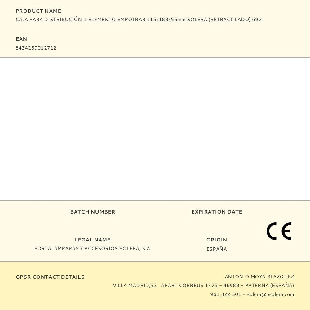 CAJA PARA DISTRIBUCIÓN 1 ELEMENTO EMPOTRAR 115x188x55mm SOLERA (RETRACTILADO) 692