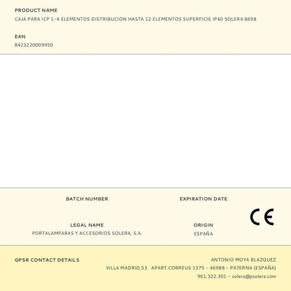 CAJA PARA ICP 1-4 ELEMENTOS DISTRIBUCION HASTA 12 ELEMENTOS SUPERFICIE IP40 SOLERA 8698