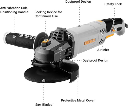 Amoladora Angular: DEKOPRO 125mm 900W amoladora angular eléctrica con cable, Velocidad 12.000 RPM,para cortar, pulir y amolar. Mango largo