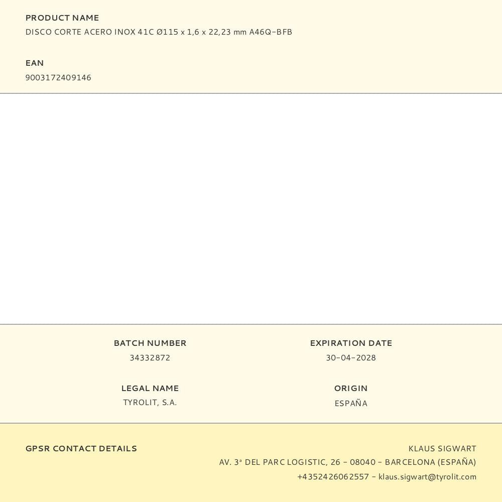 DISCO CORTE ACERO INOX 41C Ø115 x 1,6 x 22,23 mm A46Q-BFB