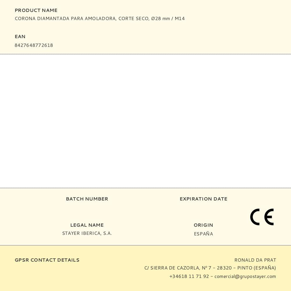 CORONA DIAMANTADA PARA AMOLADORA, CORTE SECO, Ø28 mm / M14