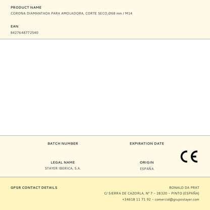 CORONA DIAMANTADA PARA AMOLADORA, CORTE SECO,Ø68 mm / M14