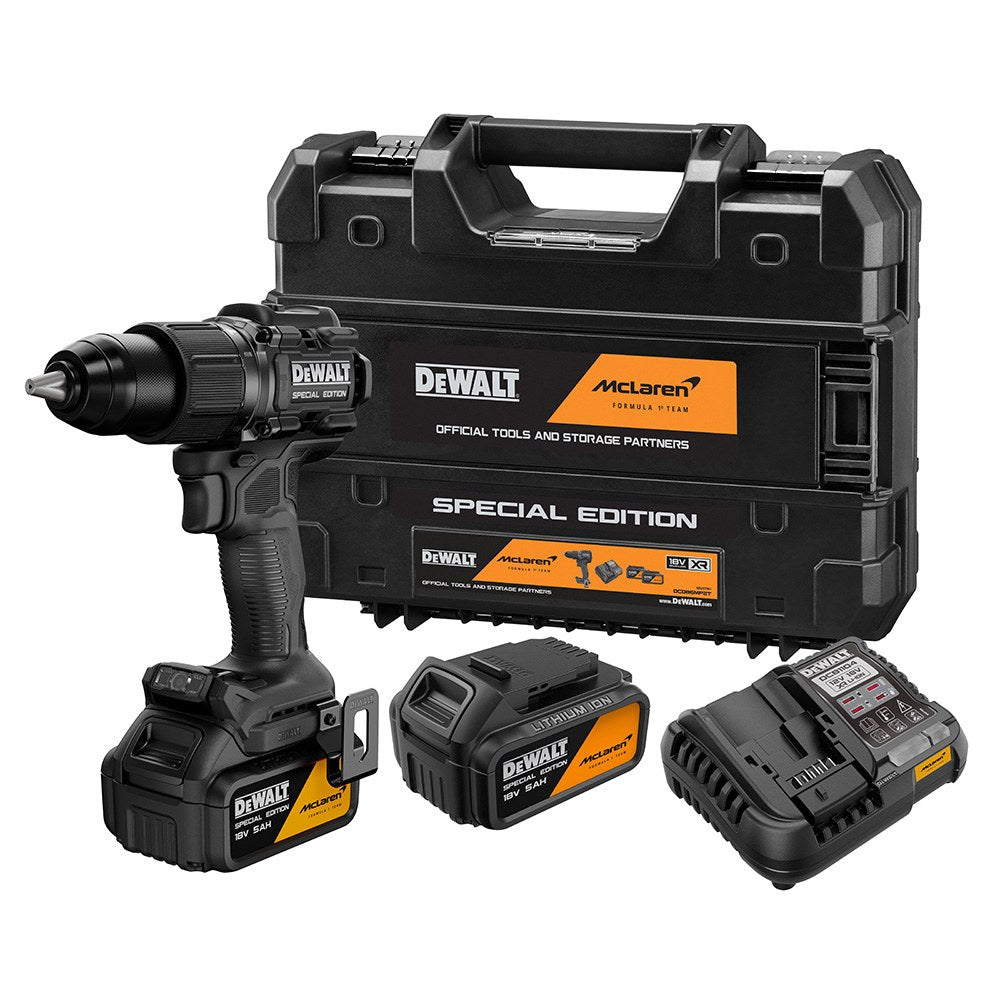 KIT TALADRO PERCUTOR SIN ESCOBILLAS MCLAREN XR 18 V Ø13 mm, CON 2 BATERÍAS 5 Ah Y CARGADOR
