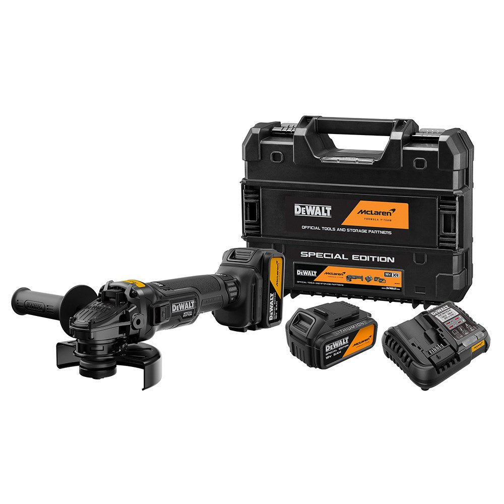 MINI AMOLARDORA SIN ESCOBILLAS MCLAREN XR 18 V Ø125 mm CON 2 BATERÍAS 5 Ah Y CARGADOR