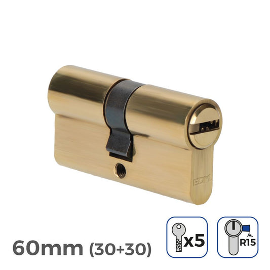 CILINDRO LATÓN 60 mm (30+30 mm) LEVA LARGA R15 CON 5 LLAVES DE SEGURIDAD INCLUIDAS