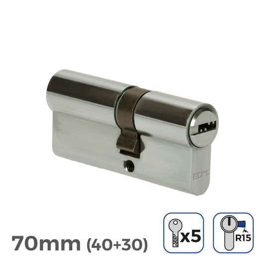 BOMBIN NIQUEL 70mm (40+30mm) LEVA LARGA R15 CON 5 LLAVES SEGURIDAD INCLUIDAS EDM