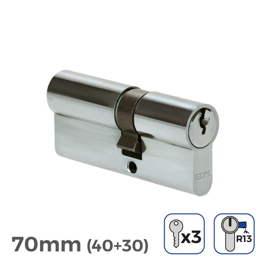 CILINDRO 70mm (40+30mm) NIQUELADO, LEVA CORTA R13 CON 3 LLAVES DE SERRETA INCLUIDAS