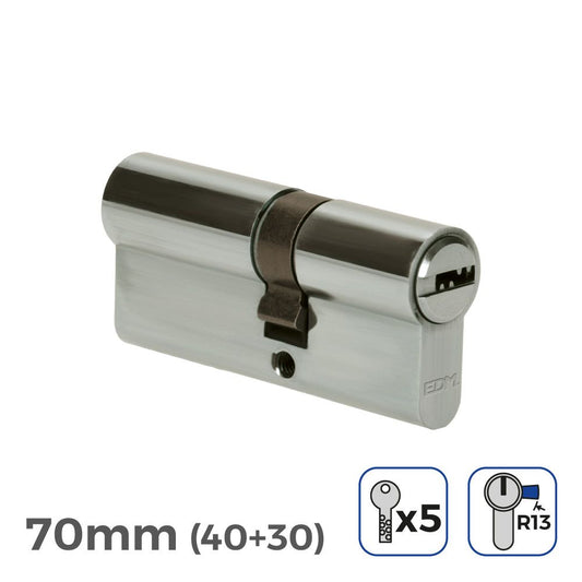 CILINDRO 70mm (40+30mm) NIQUELADO, LEVA CORTA R13 CON 5 LLAVES SEGURIDAD INCLUIDAS