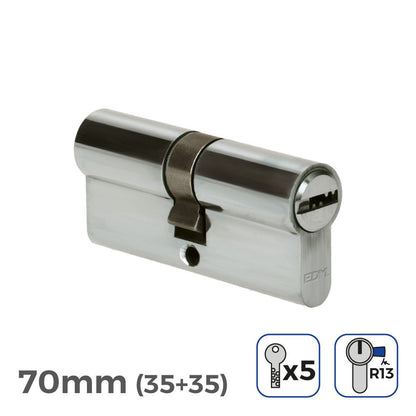 CILINDRO 70mm (35+35mm) NIQUELADO, LEVA CORTA R13 CON 5 LLAVES SEGURIDAD INCLUIDAS