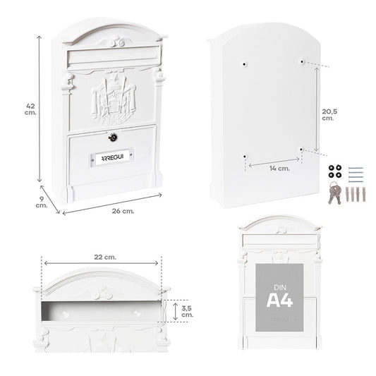 BUZÓN INDIVIDUAL EXTERIOR MEDIANO, RESIDENCIA, ALUMINIO, BLANCO, 26 x 9 x 42 cm
