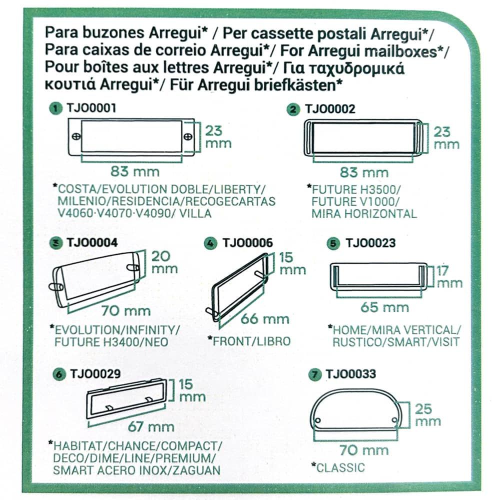 TARJETERO TJO1001 PARA BUZONES ARREGUI, CONJUNTO 7 piezas