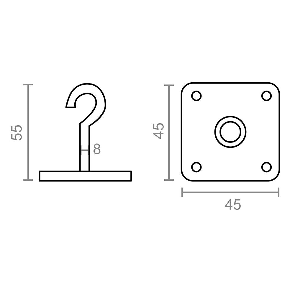 GANCHO FIJO 8 x 55 mm CON PLACA 45 x 45 mm AP07 ZINCADO, BLISTER 2 uds