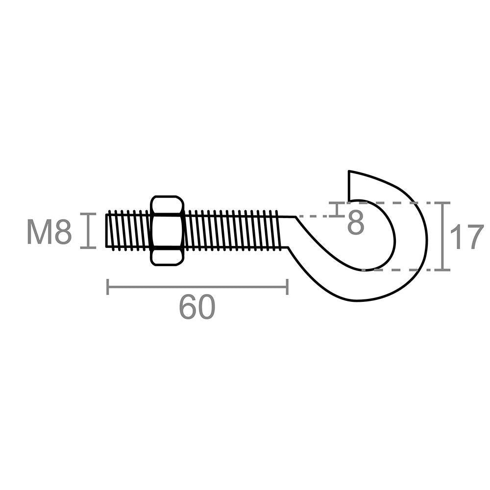 HEMBRILLA ABIERTA CON TUERCA HM02, M8 x 60 mm, ZINCADO, BLISTER 2 uds